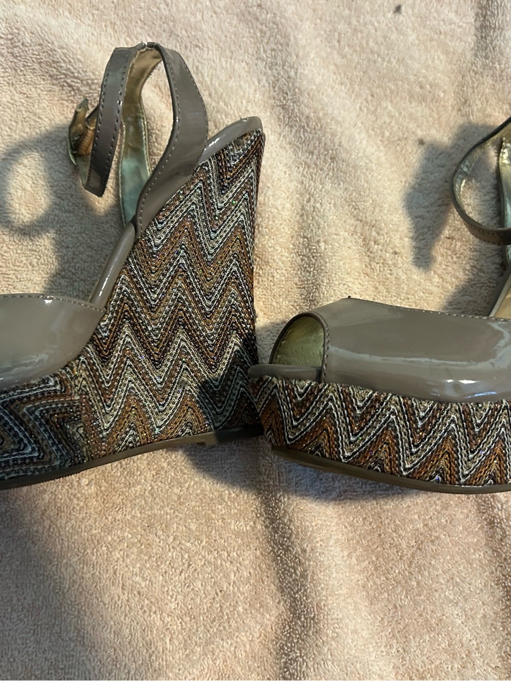 Women's Taupe Patent Wedge Sandals with Chevron Raffia Platform